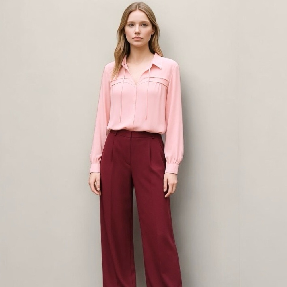 MAJE Lila Lubin Pink Chemise Crepe V Neck Blouse Long Sleeve Blouse  | Size L
